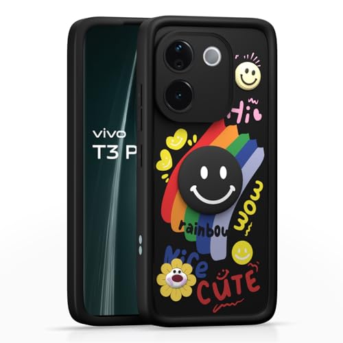 Image of Pikkme Back Cover for Vivo T3 Pro 5G / iQOO Z9s Pro 5G | Soft Silicone| Cute Rainbow Smile & 3D Cartoon Flower Design | Shockproof Raised Camera Protection Bumper Case (Black)