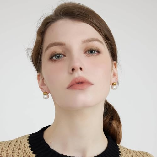 Gold Simulated Shell Pearl Earrings for Women, 18K Gold Plated Pearl Drop Earrings Gold Pearl Hoop Earrings Trendy Lightweight Hypoallergenic Earrings Jewelry2