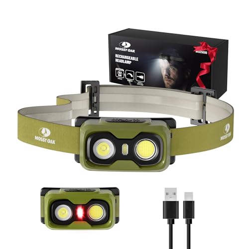 Mossy Oak 600 Lumens Rechargeable Headlamp, Lightweight LED Headlight with White & Red Light, Waterproof Head Lamp with Non-Slip Band, Dimmable & Memory Function for Camping, Running, Hiking