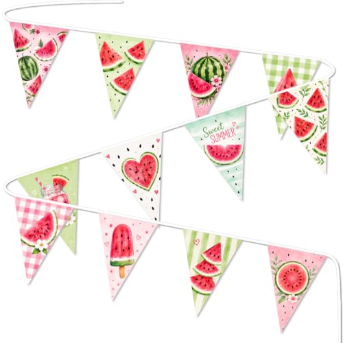 Image of Watermelon Summer Pennant Banner, 12 Pastel Watercolor Triangle Flags, Fabric Hanging Garland with Black Rope, Ready to Hang for Summer Party, Birthday, BBQ, Picnic, Baby Shower, Pool Party Decor