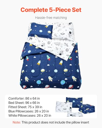 Image of VEVOR 5 Pieces Comforter Set, Twin Bedding Sets with 1 Comforter, 1 Flat Sheet, 1 Fitted Sheet, 2 Pillowcases, Soft Microfiber & Space Printed, Bedding Comforter Sets