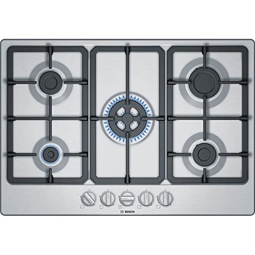 Bosch PGQ7B5B90, plaque de cuisson à gaz, Série 4, 5 foyers, Brûleur wok, 75 cm, Verre Trempé, Inox
