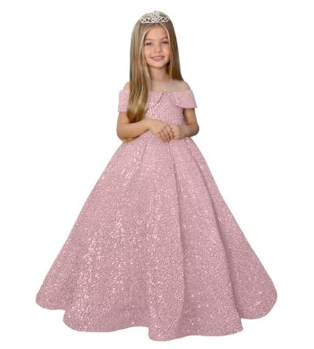 Off Shoulder Sequin Pageant Dress for Girls Sparkly Ball Gown Flower Girl Dresses Princess Kids Toddler Dress