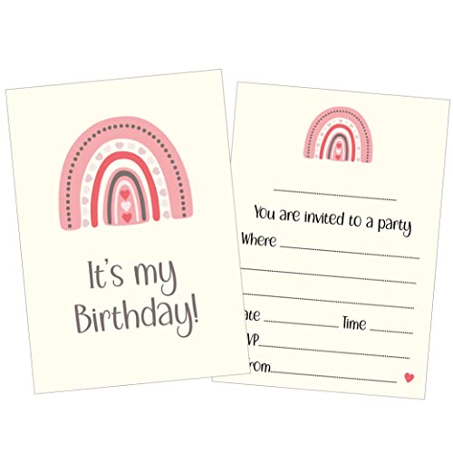 PartiKraft 12 x Pink Rainbow Birthday Party Invitations (Invitations Only)