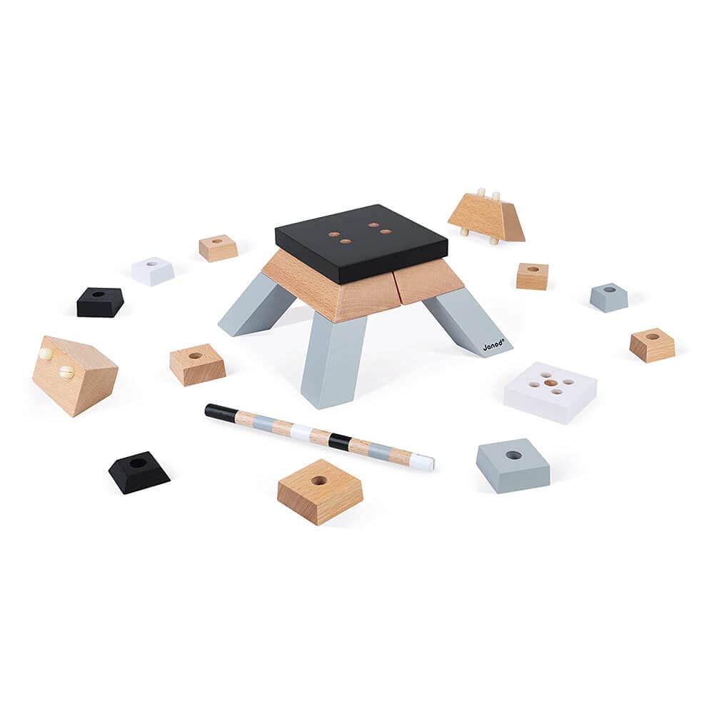 Janod - 21-Piece Buildable Wooden Eiffel Tower - Building Game - Fine Motor Skills and Concentration - Solid Beech Wood - FSC Certified - Water-Based Paint - From 6 years old, J08303