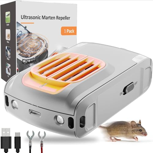 Jkevow Ahuyentador de martas ultrasónico para coche, 12 V, batería AA y USB, para coche, compartimento del motor, jardín, ático, casa