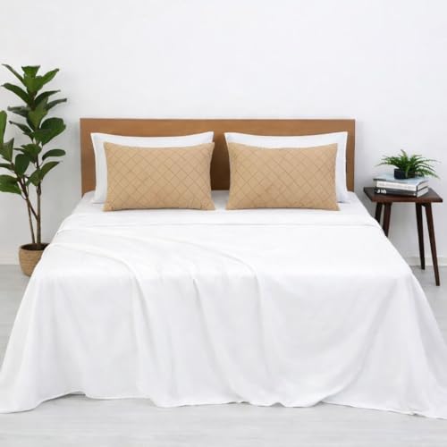 Image of Blue Strip Polycotton Bedsheet, Double 90x100 (White & Burfi) | Hotel Quality | Soft, Breathable & Colourfast | Wrinkle Resistant | Machine Washable | Pillow Covers Included