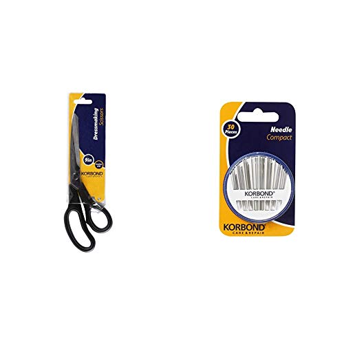 Dressmaking Scissors 9 INCH by Korbond – Soft Grip Professional Scissors, Household Scissors & Left Handed & 30 Piece Needle Compact by Korbond – Needle Assortment for a Multitude of Hand Sewing