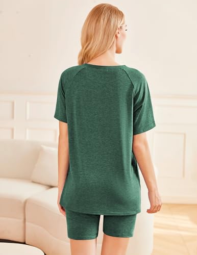 Image of Ekouaer Two Piece Sets for Women Summer Outfits 2026 Lounge Set Crew Neck Tshirts Biker Short Sweatsuit with Pocket