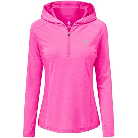 AjezMax Damen Laufshirt Langarm mit Quarter Zip Activewear Workout UPF50+ Gym Sportswear Weibliche leichte Trainingsoberteile mit Daumenlöchern XL Rosa rot Cover