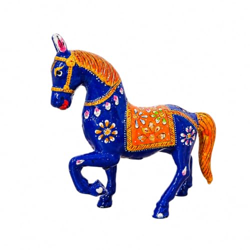 Image of eCraftIndia Handcrafted Blue Horse Decorative Showpiece for Home Decor | Traditional Rajasthani Hand-Painted Horse Figurine | Tabletop, Shelf, Office & Living Room Decoration