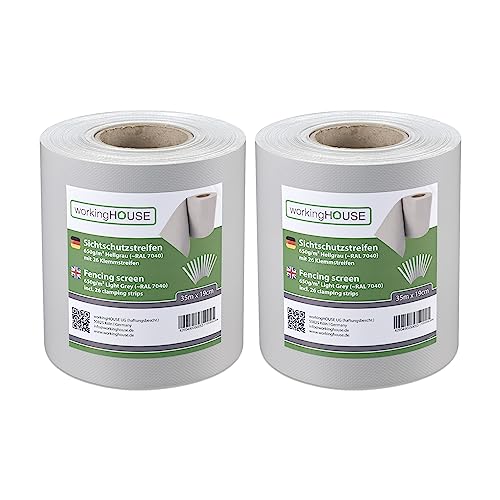 workingHOUSE PVC Sichtschutzstreifen 650g/m² Premium für Doppelstabmatten Zaun – 2er Spar-Set (70m Gesamtlänge), Hellgrau RAL 7040 | Wind- & Blickschutz, wetterfest, inkl. Clips