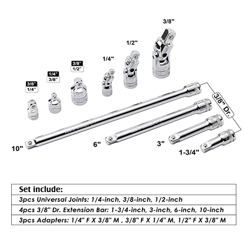 Image of MIXPOWER 10 Pieces Drive Tool Accessory Set, Includes Socket Adapters, Extension Bars and Universal Joints, Premium Chrome Vanadium Steel Construction - 1 /4-inch, 3 /8-inch and 1 /2-inch Drive Sizes