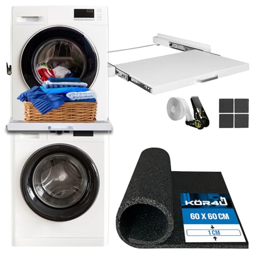 kör4u Premium alfombra antivibración 60x60x1cm & kör4u Marco de montaje intermedio blanco con placa extensible, acero, 60,5x54,5 cm incl. cinturón de sujeción