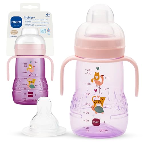 Image of MAM Trainer Sippy Cup for Toddlers 1-3, 8 oz. Transition Drinking Cup with Extra-Soft Spout, Spill-Free Nipple, and Non-Slip Handles, for Girls 4+ Months, 1 Count