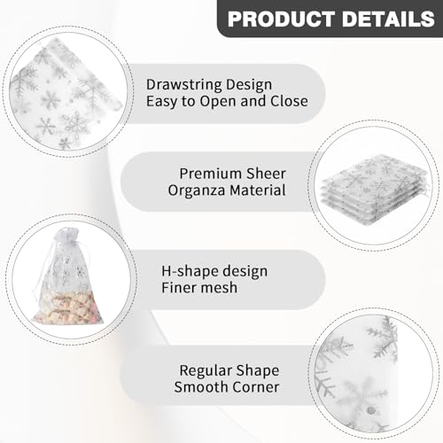 Image of Snowflake Organza Bags, 50 PCS Christmas Sheer Organza Bags with Drawstring 4 x 6 inch, Jewelry Gift Bag, White Small Mesh Goodies Xmas Wedding Favor Mini Candy Pouches Bag for Christmas Party Favors