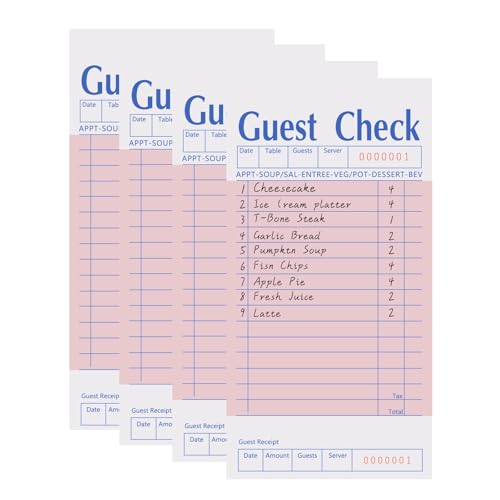 4 Pack Pink Guest Checks Books for Servers, Server Note Pads, Waiter Checkbook, Waitress Notepad for Restaurants Supplies, Order Pad Paper Checks 50 Sheets/Pack, 200 Total Tickets