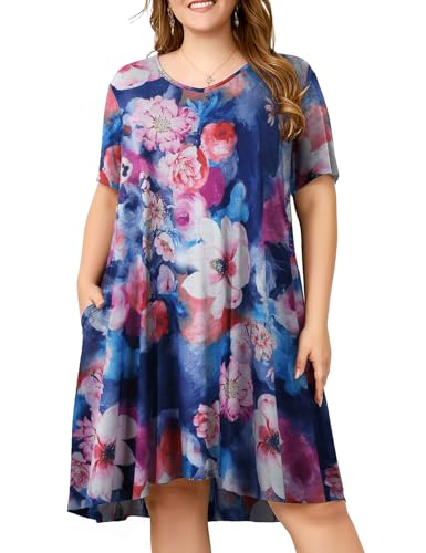 Image of OVERWORETY Womens Short Sleeve Plus Size T-Shirt Dress V Neck Casual Loose Swing A-Line Summer Tunic Dresses with Pockets