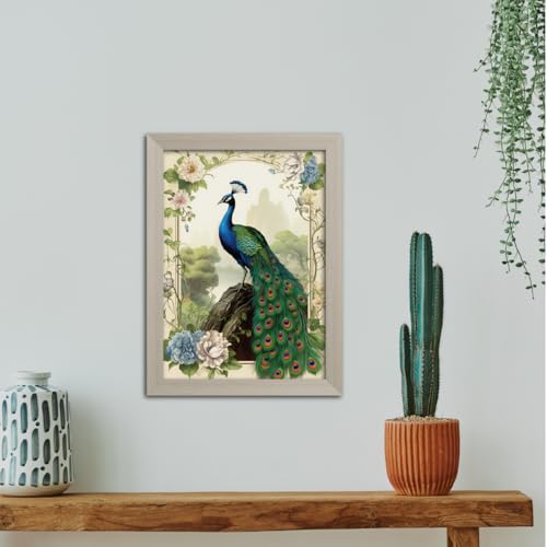 Image of TenorArts Peacock Photo Frame Vastu Positivity Lucky Wall Painting Aesthetic Art Frames with White Wooden Texture for Living rooms Office Bedroom - Wall Paintings /Hangings (12inches x 9inches)