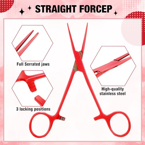 Image of BBTO Hemostat Curved and Straight Hemostat Forceps Piercing Pliers Forceps, Stainless Steel Straight and Curved Pliers, Fishing Tweezer(Red,2 Pcs)