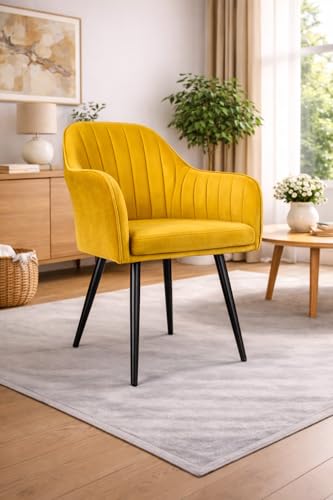 Image of Accent Chair for Living Room| Soft Velvet Fabric Armchair with Multi Colour Leg Options | Modern Chair with Thick Cushion for Home Office restaurent and cafes| 1pc (Black Le, Mustard)