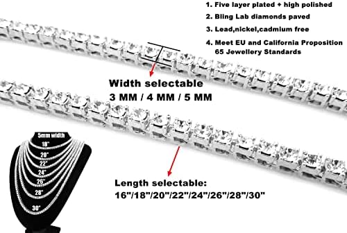 HH BLING EMPIRE Silver or Gold Iced Out Diamond Tennis Chains for Men,Rhinestone Tennis Necklaces for Women,Diamond chain necklaces 18-30 Inches