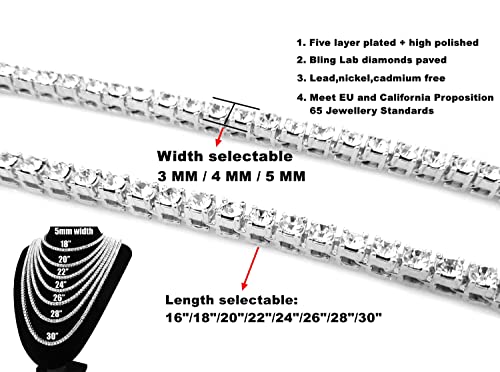 HH BLING EMPIRE Silver or Gold Iced Out Diamond Tennis Chains for Men,Rhinestone Tennis Necklaces for Women,Diamond chain necklaces 18-30 Inches