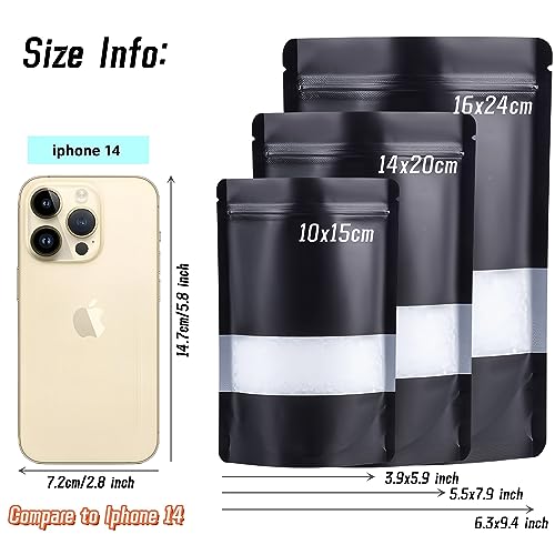 50pcs Black Mylar Bags,Resealable Smell Proof Bag,Ziplock Stand Up Pouches with Window,Foil Pouch Sealable Bags for Food Storage Packaging(Black, 16x24cm -50 pcs)