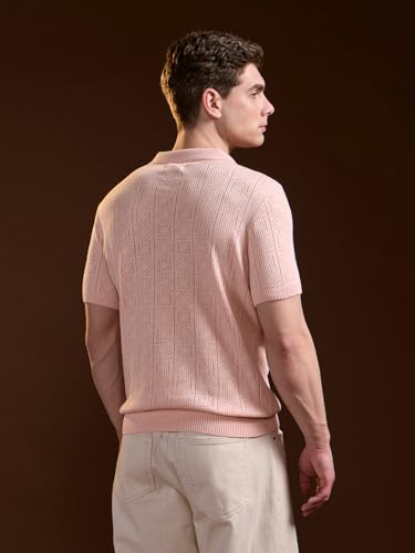 Image of THE BEAR HOUSE Men's Pink Pure Cotton Textured Knit Polo