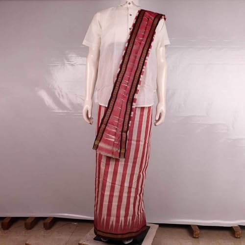 Image of Authentic Sambalpuri Handloom Cotton Unstitched Dhoti with Utari for Men | Traditional Odisha Weave Ikat Dhoti for Festive & Religious Wear