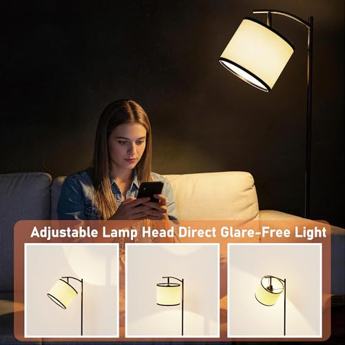 Image of runjuly Floor Lamp with Table, Side Table with LED Light and Charging Station, Narrow End Table with Lamp Attached, Nightstand with Storage Drawer for Living Room, Bedroom, Black