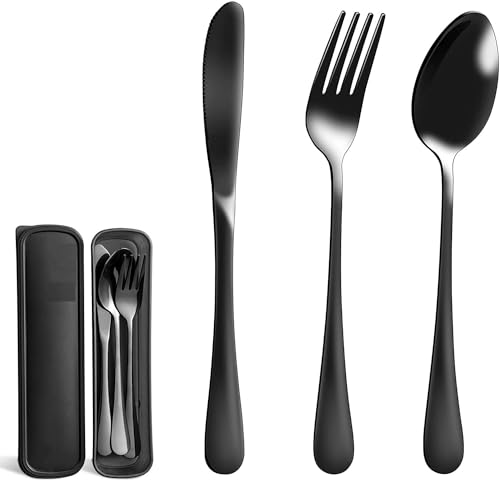 Image of Portable Utensils Set with Case - Reusable Stainless Steel Cutlery Set, Eco-Friendly 3-Piece Knife Fork Spoon Travel Set for Camping, Office, School, Picnic & Outdoor Use (Black)