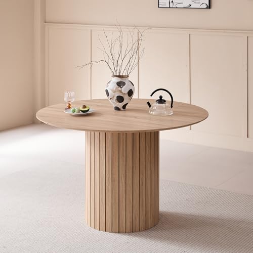 BenyLed Table de Salle à Manger Ronde de 120 cm pour 4-6 Personnes, Table de Cuisine Fermière avec Base Cylindrique, Plateau en MDF et Socle à Lattes en...