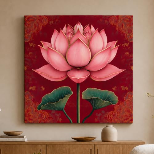 Image of PAINTINGMANTRA Abstract Lotus Blossom Stretched Canvas Painting for Living Room | Modern Floral Serenity Wall Decor Art For Livingroom, Bedroom, Office, Hallways - 34x34 Inch