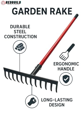 REDBUILD™ Heavy Duty Steel Garden Rake with Long Handle 4 Feet | Rust Proof | Rake for Gardening | Quick Clean Up of Lawn and Yard | Garden Leaf Rake | Fork | Trowel