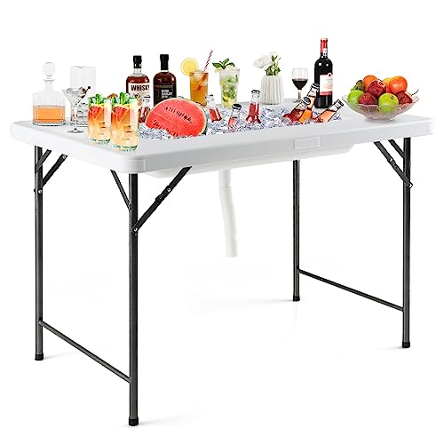 KOTEK Folding Ice Cooler Table with Drain and Skirt Foldable Beverage Cooler Table Buffet Salad Cooler Server with Edge Portable Chill Table for Party Wedding Picnic Camping