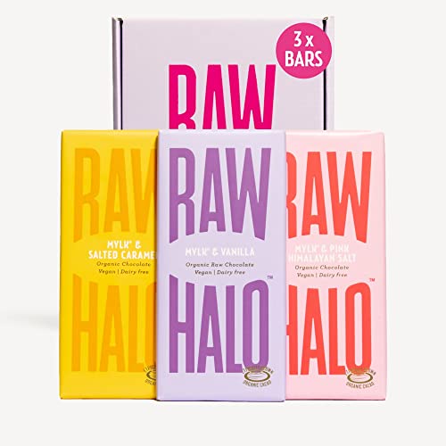 Colección Vegan Chocolate Taster – Halo crudo – Paquete de regalo de chocolate Mylk – 3 barras de 70 g, orgánicas, lácteos y sin gluten