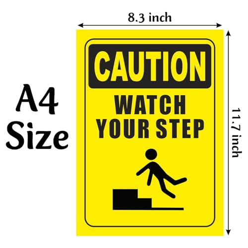 Image of CVANU CAUTION Watch Your Step Warning Safety Self-Adhesive Waterproof PVC Vinyl Sign Sticker Size (11.7inchX8.3inch) Pack of 20