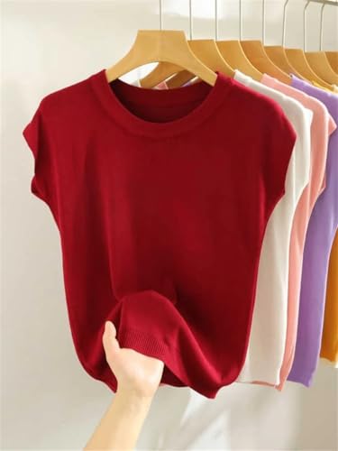 Women's Casual Solid O-Neck Collar Knitted Pullover Short Sleeve Loose Straight Sweater2