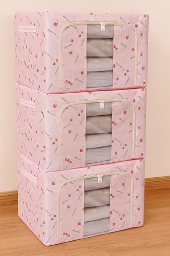 HAKKU Foldable 66L Cloth Storage Bags Pack oF 3 Organizer Container | Foldable Metal Frame Basket with Clear Window, Carry Handles & Sturdy Zipper for Closet (Baby Pink, 66 Ltr - Pack of 3)
