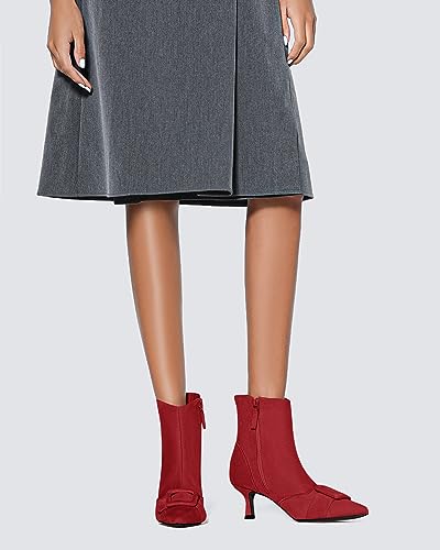 Coutgo Women's Kitten Heel Ankle Boots Pointed Toe Side Zipper Square Buckle Winter Booties2