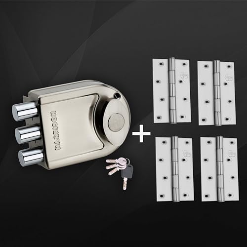 Image of Harrison Main Door Lock Hinge Free / 1 Sheild Tri Bolt Lock 0586 SS Finish 4 Computerised Key with 4 Hinge 0839 Ss Finish and Key Ring /Mild Steel Material /Door Lock, Rim Lock, Tri Bolt Lock