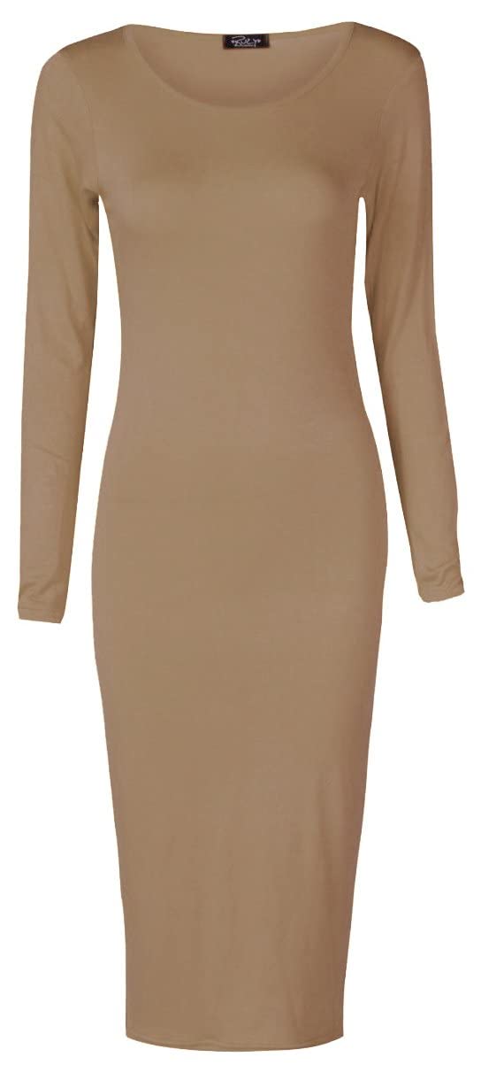 Crazy Girls Womens Plain Long Sleeve Scoop Neck Stretch Bodycon Maxi Midi Dress (XXL-UK20-22, Stone)