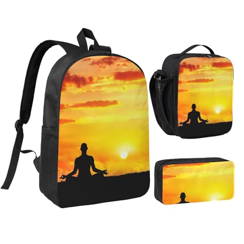 Sac à dos imprimé yoga méditation 3 en 1 avec sac repas pour l'école et voyage