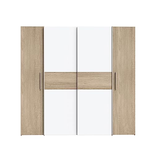 FORTE KALIXTUS Schrank 200, Kleiderschrank, Schwebetürenschrank Skandinavisch Schlafzimmer 4-türig, Holzdekor: Sonoma Eiche / Weiß, 200 cm breit x...