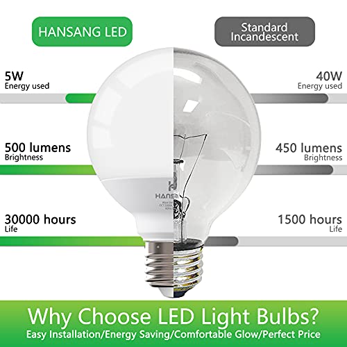 Hansang Led Vanity Light Bulbs Dimmable 5000K Daylight, G25 Led Globe Light Bulbs With E26 Medium Base, 5W (60W Equivalent) Bathroom Round Light Bulb For Makeup Mirror Home Lighting, 500Lm, 8 Pack #TOP5