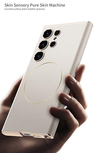 Image of Midkart Leather Case Compatible with Samsung Galaxy S24 Ultra and Compatible with Magsafe Charging Electroplated Hard PC Lightweight Cover, Beige