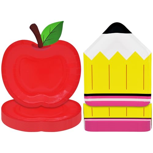 Temicle 48 Pack Back to School Paper Plates Set 24 Apple Shaped 9 Inch Dinner Plates and 24 Pencil Shaped 9 Inch Dessert Plates for Teacher Appreciation Classroom Party Supplies and School Events