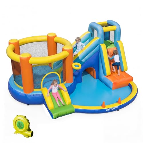 Bounce House, 8 in 1 Blow Up Kids Inflatable Bouncy House with Jumping Double Slide and 450W Blower, Kids Bouncehouse with Climbing Wall Basketball for Indoor Outdoor Backyard Summer Fun