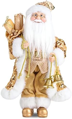 Horjamy 16inch Christmas Santa Claus Figurines Bells and Gift Bag Christmas Standing Santa Figure Decorations for Xmas Holiday Party Home Decoration(Gold)